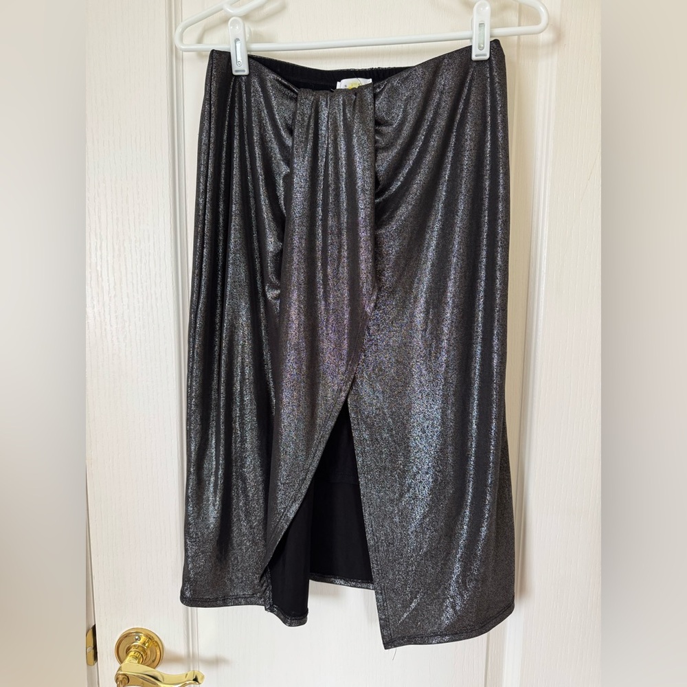 Leith Silver Metallic Knot Front Ruched Midi Pencil Skirt | Size M